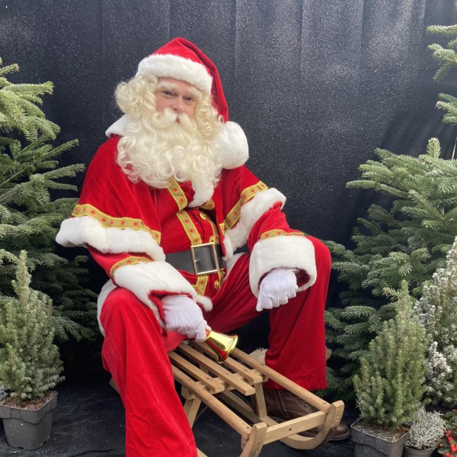 Onze kerstman op een houten slee, tussen de kerstbomen